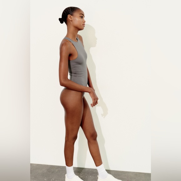 NWT Zara Polyamide Halter Bodysuit in Dark Grey Size L - Picture 2 of 15